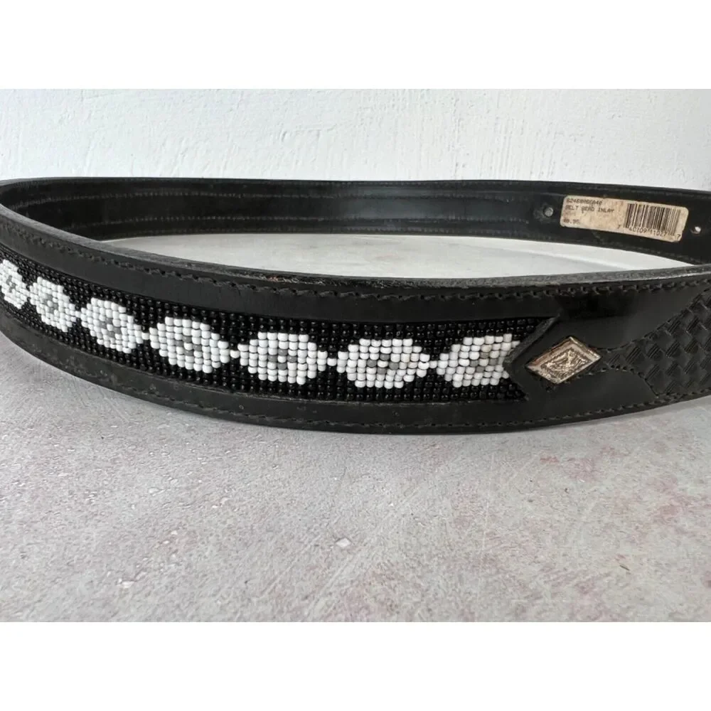 Black Leather Belt With‎ Beaded Southwestern Pattern & Silver Buckle Western